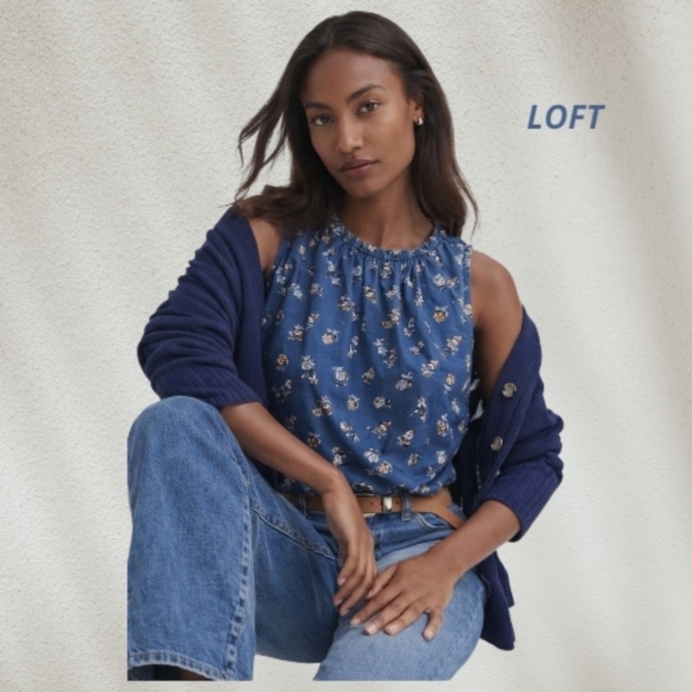 LOFT Blue Floral Sleeveless Blouse Sz Sm